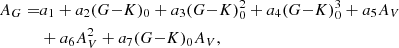 $$ \begin{aligned} A_G =&a_1 + a_2 (G{-}K)_0 + a_3 (G{-}K)_0^2 + a_4 (G{-}K)_0^3 + a_5 A_V \nonumber \\& + a_6 A_V^2+ a_7 (G{-}K)_0 A_V, \end{aligned} $$