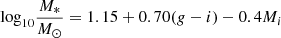 $ {{\log}_{10} \frac{{M_*}}{{M_{\odot}}} = 1.15 + 0.70 ({g-i}) - 0.4{M_i}} $