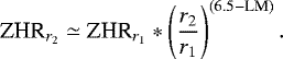 \begin{equation*} \textrm{ZHR}_{r_2} \simeq {\textrm{ZHR}}_{r_1}*\left(\frac{r_2}{r_1}\right)^{(6.5-\textrm{LM})}. \end{equation*}