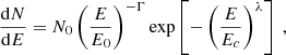 $$ \begin{aligned} \frac{\mathrm{d}N}{\mathrm{d}E}=N_0\left(\frac{E}{E_0}\right)^{-\Gamma }\mathrm{exp}\left[-\left(\frac{E}{E_c}\right)^{\lambda }\right] \ , \end{aligned} $$