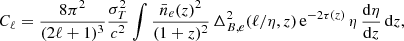 $$ \begin{aligned} C_\ell = \frac{8 \pi ^2}{(2\ell +1)^3} \frac{\sigma _T^2}{c^2} \int \frac{\bar{n}_{e}(z)^2}{(1+z)^2}\, \Delta _{B,e}^2(\ell /\eta ,z)\, \mathrm{e}^{-2 \tau (z)}\, \eta \, \frac{\mathrm{d} \eta }{\mathrm{d} z}\, \mathrm{d} z, \end{aligned} $$
