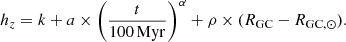 $$ \begin{aligned} h_z = k + a \times \left( \frac{t}{100\,\mathrm{Myr}} \right)^{\alpha } + \rho \times ({R}_{\mathrm{GC} } - {R}_{\mathrm{GC} ,\odot }). \end{aligned} $$