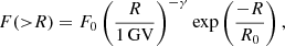 $$ \begin{aligned} F({>}R) = F_0 \left(R \over {\mathrm{1\,GV}}\right)^{-\gamma } \exp \left(-R\over R_0\right), \end{aligned} $$
