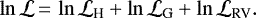 \begin{equation*}\ln\mathcal{L}\,{=}\,\ln\mathcal{L}_{\textrm{H}} &#x002B; \ln\mathcal{L}_{\textrm{G}} &#x002B; \ln\mathcal{L}_{\textrm{RV}}. \end{equation*}