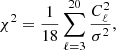 $$ \begin{aligned} \chi ^2 = \frac{1}{18} \sum _{\ell =3}^{20}\frac{C_{\ell }^2}{\sigma ^2}, \end{aligned} $$