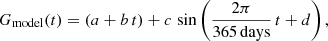 $$ \begin{aligned} G_{\mathrm{model} }(t) = (a+b\,t) + c\,\sin \left(\frac{2\pi }{365\,\mathrm{days} }\,t + d\right), \end{aligned} $$