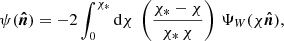 $$ \begin{aligned} \psi (\boldsymbol{\hat{n}}) = -2\int _0^{\chi _*} \mathrm{d}\chi \ \left(\frac{\chi _*-\chi }{\chi _*\,\chi }\right)\,\Psi _W(\chi \boldsymbol{\hat{n}}), \end{aligned} $$