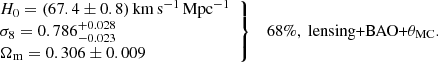 $$ \begin{aligned} \left. \begin{array}{l} H_0 = (67.4\pm 0.8)\,\mathrm{km}\,\mathrm{s}^{-1}\,\mathrm{Mpc}^{-1} \\ \sigma _8 = 0.786^{+0.028}_{-0.023} \\ \Omega _{\mathrm{m}} = 0.306\pm 0.009 \end{array}\right\} \quad 68\%, \text{ lensing+BAO+}\theta _{\rm MC}. \end{aligned} $$