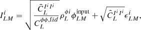 $$ \begin{aligned} I^i_{LM} = \sqrt{\frac{\hat{C}_L^{I^iI^i}}{C^{\phi \phi ,\mathrm fid}_L}} \rho _L^{\phi i} \phi ^\mathrm{input}_{LM} + \sqrt{\hat{C}^{I^iI^i}_L}\epsilon ^i_{LM}, \end{aligned} $$
