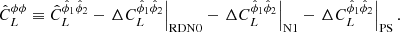 $$ \begin{aligned} \hat{C}_L^{\phi \phi } \equiv \hat{C}^{\hat{\phi }_1 \hat{\phi }_2}_L - \left.\Delta C_L^{\hat{\phi }_1 \hat{\phi }_2}\right|_{\mathrm{RDN0}} - \left.\Delta C_L^{\hat{\phi }_1 \hat{\phi }_2}\right|_{\mathrm{N1}} - \left.\Delta C_L^{\hat{\phi }_1 \hat{\phi }_2}\right|_{\mathrm{PS}}. \end{aligned} $$