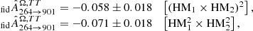 $$ \begin{aligned} \begin{array}{l} _{\rm fid}\hat{A}^{\Omega ,{TT}}_{264 \rightarrow 901} = -0.058 \pm 0.018 \quad \left[(\mathrm{HM}_1 \times \mathrm{HM}_2)^2\right], \\ _{\rm fid}\hat{A}^{\Omega ,{TT}}_{264 \rightarrow 901} = -0.071 \pm 0.018 \quad \left[\mathrm{HM}_1^2 \times \mathrm{HM}_2^2\right], \end{array} \end{aligned} $$