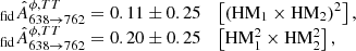 $$ \begin{aligned} \begin{array}{l} _{\rm fid}\hat{A}^{\phi ,{TT}}_{638 \rightarrow 762} = 0.11 \pm 0.25 \quad \left[(\mathrm{HM}_1 \times \mathrm{HM}_2)^2\right], \\ _{\rm fid} \hat{A}^{\phi ,{TT}}_{638 \rightarrow 762} = 0.20 \pm 0.25 \quad \left[\mathrm{HM}_1^2 \times \mathrm{HM}_2^2\right], \end{array} \end{aligned} $$
