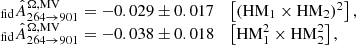 $$ \begin{aligned} \begin{array}{l} _{\rm fid}\hat{A}^{\Omega ,\mathrm{MV}}_{264 \rightarrow 901} = -0.029 \pm 0.017\quad \left[(\mathrm{HM}_1 \times \mathrm{HM}_2)^2\right], \\ _{\rm fid} \hat{A}^{\Omega ,\mathrm{MV}}_{264 \rightarrow 901} = -0.038 \pm 0.018\quad \left[\mathrm{HM}_1^2 \times \mathrm{HM}_2^2\right], \end{array} \end{aligned} $$