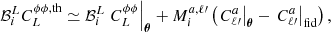 $$ \begin{aligned} \mathcal{B} _i^{L} C_{L}^{\phi \phi , \mathrm{th}} \simeq \mathcal{B} _i^{L} \left.C_{L}^{\phi \phi }\right|_{\boldsymbol{\theta }} + M_{i}^{a,\ell \prime }\left( \left.C^a_{\ell \prime }\right|_{\boldsymbol{\theta }} - \left.C^a_{\ell \prime }\right|_{\rm fid}\right), \end{aligned} $$