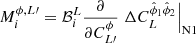 $$ \begin{aligned}&M_i^{\phi ,L\prime } = \mathcal{B} _i^{L}\frac{\partial }{\partial C_{L\prime }^{\phi }} \left.\Delta C_L^{\hat{\phi }_1 \hat{\phi }_2}\right|_{\rm N1}\end{aligned} $$