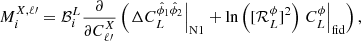 $$ \begin{aligned}&M_i^{X,\ell \prime } = \mathcal{B} _i^{L}\frac{\partial }{\partial C_{\ell \prime }^{X}} \left( \left.\Delta C_L^{\hat{\phi }_1 \hat{\phi }_2}\right|_{\rm N1} + \ln \left([\mathcal{R} ^\phi _L]^2\right) \left.C_L^\phi \right|_{\rm fid}\right), \end{aligned} $$