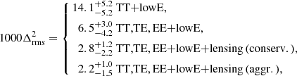 $$ \begin{aligned} 1000\Delta ^2_{\mathrm{rms}} = \left\{ \begin{aligned} 14.1^{+5.2}_{-5.2}&\ \mathrm{TT}{+}\mathrm{lowE,}\\ 6.5^{+3.0}_{-4.2}&\ \mathrm{TT,\!TE,EE}{+}\mathrm{lowE,}\\ 2.8^{+1.2}_{-2.2}&\ \mathrm{TT,\!TE,EE}{+}\mathrm{lowE}{+}\mathrm{lensing\, (conserv.),}\\ 2.2^{+1.0}_{-1.5}&\ \mathrm{TT,\!TE,EE}{+}\mathrm{lowE}{+}\mathrm{lensing\, (aggr.),} \end{aligned}\right. \end{aligned} $$