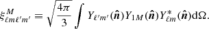 $$ \begin{aligned} \xi ^M_{\ell m\ell ^{\prime }m^{\prime }} \equiv \sqrt{\frac{4\pi }{3}} \int Y_{\ell ^{\prime }m^{\prime }}({\boldsymbol{\hat{n}}})Y_{1M}(\boldsymbol{\hat{n}}) Y_{\ell m}^*({\boldsymbol{\hat{n}}})\mathrm{d}\Omega . \end{aligned} $$
