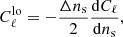 $$ \begin{aligned} C_\ell ^\mathrm{lo} = -\frac{\Delta n_{\rm s}}{2}\frac{\mathrm{d}C_\ell }{\mathrm{d}n_{\rm s}}, \end{aligned} $$