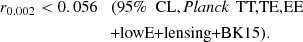 $$ \begin{aligned} r_{0.002} < 0.056 \quad&(95\%\ \text{ CL}, \textit{Planck}\, \text{ TT,TE,EE} \nonumber \\&\text{+lowE+lensing+BK15}). \end{aligned} $$