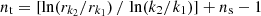 $ n_\mathrm{t} = [\ln(r_{k_2}/r_{k_1})\,/\,\ln(k_2/k_1)] + n_{\mathrm{s}}-1 $