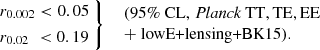 $$ \begin{aligned} \left.\begin{aligned}&r_{0.002} < 0.05\\&r_{0.02}\,\, < 0.19 \end{aligned}\ \right\} \ \ \begin{array}{l} (95\%~\mathrm{CL},\, \textit{Planck}~\mathrm{TT,TE,EE}\\ +\text{ lowE+lensing+BK15}).\\ \end{array} \end{aligned} $$