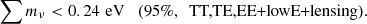 $$ \begin{aligned} \sum m_\nu&< 0.24\,\,\mathrm{eV}\quad (95\%,~\text{ TT,TE,EE+lowE+lensing}). \end{aligned} $$