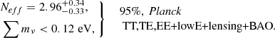 $$ \begin{aligned} \left. \begin{aligned}&\textit{N}_{eff}= 2.96^{+0.34}_{-0.33}, \\&\sum m_\nu < 0.12\,\,\mathrm{eV}, \end{aligned}\ \right\} \ \ \begin{array}{l} \text{95}\%,\ {\textit{Planck}}\\ \text{ TT,TE,EE+lowE+lensing+BAO.} \end{array} \end{aligned} $$