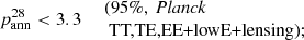 $$ \begin{aligned} \left. p_\mathrm{ann} ^{28} < 3.3 \quad \begin{array}{l} \text{(95}\%,\ {\textit{Planck}}\\ \text{ TT,TE,EE+lowE+lensing);} \end{array} \right. \end{aligned} $$