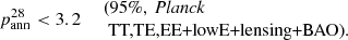 $$ \begin{aligned} \left. p_\mathrm{ann} ^{28} < 3.2 \quad \begin{array}{l} \text{(95}\%,\ {\textit{Planck}}\\ \text{ TT,TE,EE+lowE+lensing+BAO).} \end{array} \right. \end{aligned} $$