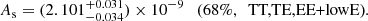 $$ \begin{aligned} \left. A_{\rm s}= (2.101^{+0.031}_{-0.034})\times 10^{-9} \quad \text{(68}\%,\ \text{ TT,TE,EE+lowE)}. \right. \end{aligned} $$
