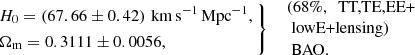 $$ \begin{aligned} \left. \begin{aligned}&H_0 = (67.66 \pm 0.42) \, \,\mathrm{km}\,\mathrm{s}^{-1}\,\mathrm{Mpc}^{-1}, \\&\Omega _{\mathrm{m} }= 0.3111 \pm 0.0056,\\ \end{aligned} \ \right\} \ \ \begin{array}{l} \text{(68}\%,\ \text{ TT,TE,EE+}\\ \text{ lowE+lensing)}\\ \text{ BAO.} \end{array} \end{aligned} $$