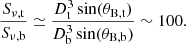 $$ \begin{aligned} \frac{S_{\nu ,\mathrm{t}}}{S_{\nu ,\mathrm{b}}} \simeq \frac{D_{\rm t}^{3} \sin (\theta _{\rm B,t})}{D_{\rm b}^{3} \sin (\theta _{\rm B,b})} \sim 100. \end{aligned} $$
