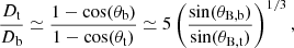 $$ \begin{aligned} \frac{D_{\rm t}}{D_{\rm b}} \simeq \frac{1-\cos (\theta _{\rm b})}{1-\cos (\theta _{\rm t})} \simeq 5 \left( \frac{\sin (\theta _{\rm B,b})}{\sin (\theta _{\rm B,t})} \right)^{1/3}, \end{aligned} $$