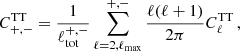 $$ \begin{aligned} C^{\mathrm{TT}}_{+,-} = \frac{1}{\ell _{\rm tot}^{+,-}}\sum _{\ell =2,\ell _{\rm max}}^{+,-} \frac{\ell (\ell +1)}{2 \pi }C^{\mathrm{TT}}_{\ell } \, , \end{aligned} $$