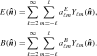 $$ \begin{aligned} E(\boldsymbol{\hat{n}}) =&\displaystyle \sum _{\ell = 2}^{\infty } \sum _{m=-\ell }^{\ell } a^{E}_{\ell m} Y_{\ell m}({\boldsymbol{\hat{n}}}),\nonumber \\ B(\boldsymbol{\hat{n}}) =&\displaystyle \sum _{\ell = 2}^{\infty } \sum _{m=-\ell }^{\ell } a^{B}_{\ell m} Y_{\ell m}({\boldsymbol{\hat{n}}}). \end{aligned} $$