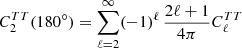 $$ \begin{aligned}&C^{TT}_2(180^\circ ) = \sum ^{\infty }_{\ell =2} (-1)^\ell \, {2 \ell +1 \over 4 \pi } C^{TT}_\ell \end{aligned} $$