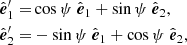 $$ \begin{aligned} \hat{\boldsymbol{e}}_1^{\prime }=&\cos \psi \ \hat{\boldsymbol{e}}_1 + \sin \psi \ \hat{\boldsymbol{e}}_2,\nonumber \\ \hat{\boldsymbol{e}}_2^{\prime }=&-\sin \psi \ \hat{\boldsymbol{e}}_1 + \cos \psi \ \hat{\boldsymbol{e}}_2, \end{aligned} $$