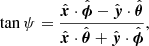 $$ \begin{aligned} \tan \psi = \frac{\hat{\boldsymbol{x}}\cdot \hat{\boldsymbol{\phi }} - \hat{\boldsymbol{y}}\cdot \hat{\boldsymbol{\theta }}}{\hat{\boldsymbol{x}}\cdot \hat{\boldsymbol{\theta }} + \hat{\boldsymbol{y}}\cdot \hat{\boldsymbol{\phi }}}, \end{aligned} $$