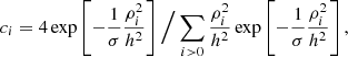 $$ \begin{aligned} c_i = 4 \exp \left[-\frac{1}{\sigma }\frac{\rho _i^2}{h^2}\right]\Big /\sum \limits _{i>0} \frac{\rho _i^2}{h^2}\exp \left[-\frac{1}{\sigma }\frac{\rho _i^2}{h^2}\right], \end{aligned} $$