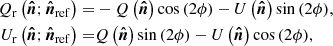 $$ \begin{aligned} Q_\mathrm{r} \left(\boldsymbol{\hat{n}};\boldsymbol{\hat{n}}_\mathrm{ref} \right) =&-Q\left(\boldsymbol{\hat{n}}\right)\cos {(2\phi )}-U\left(\boldsymbol{\hat{n}}\right)\sin {(2\phi )},\nonumber \\ U_\mathrm{r} \left(\boldsymbol{\hat{n}};\boldsymbol{\hat{n}}_\mathrm{ref} \right) =&Q\left(\boldsymbol{\hat{n}}\right)\sin {(2\phi )}-U\left(\boldsymbol{\hat{n}}\right)\cos {(2\phi )}, \end{aligned} $$