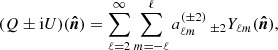 $$ \begin{aligned} (Q \pm \mathrm{i} U) (\boldsymbol{\hat{n}}) = \sum _{\ell = 2}^{\infty } \sum _{m=-\ell }^{\ell }a_{\ell m}^{(\pm 2)} \,_{\pm 2}Y_{\ell m}(\boldsymbol{\hat{n}}), \end{aligned} $$