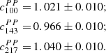 $$ \begin{aligned} {c}^{PP}_{100} =\,&1.021 \pm 0.010; \nonumber \\ {c}^{PP}_{143} =\,&0.966 \pm 0.010; \nonumber \\ {c}^{PP}_{217} =\,&1.040 \pm 0.010. \end{aligned} $$