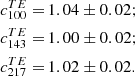 $$ \begin{aligned} {c}^{TE}_{100} =\,&1.04 \pm 0.02; \nonumber \\ {c}^{TE}_{143} =\,&1.00 \pm 0.02; \nonumber \\ {c}^{TE}_{217} =\,&1.02 \pm 0.02 . \end{aligned} $$
