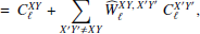 $$ \begin{aligned}&=\, {C}^{XY}_{\ell } + \sum _{X^{\prime }Y^{\prime }\ne XY} \widehat{W}^{XY,\; X^{\prime }Y^{\prime }}_\ell \ C^{X^{\prime }Y^{\prime }}_{\ell },\end{aligned} $$