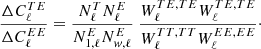$$ \begin{aligned} \frac{\Delta C^{TE}_\ell }{\Delta C^{EE}_\ell } = \frac{N^T_\ell N^E_\ell }{N^E_{1,\ell }N^E_{w,\ell }}\ \frac{W^{TE,TE}_\ell W^{TE,TE}_\ell }{W^{TT,TT}_\ell W^{EE,EE}_\ell }\cdot \end{aligned} $$