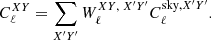 $$ \begin{aligned} C^{XY}_{\ell } = \sum _{X^{\prime }Y^{\prime }} W^{XY,\; X^{\prime }Y^{\prime }}_\ell C^{\mathrm{sky} ,X^{\prime }Y^{\prime }}_{\ell }. \end{aligned} $$