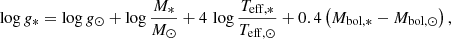 $$ \begin{aligned} \log g_* = \log g_{\odot } +\log \frac{M_*}{M_\odot } + 4\, \log \frac{T_{\mathrm{eff},*}}{T_{\mathrm{eff},\odot }}+0.4\left( M_{\mathrm{bol},*} - M_{\mathrm{bol},\odot } \right), \end{aligned} $$
