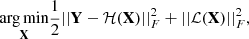 $$ \begin{aligned} \underset{\mathbf{X}}{\rm arg\,min} \frac{1}{2}||\mathbf Y - \mathcal{H} (\mathbf X )||^2_F + ||\mathcal{L} (\mathbf X )||^2_F, \end{aligned} $$