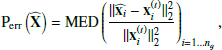 $$ \begin{aligned} {\mathrm P}_{\rm err} \left(\widehat{\mathbf{X}}\right)=\mathrm{MED} \left(\frac{\Vert \widehat{{\mathbf {x} _{\boldsymbol i}}}-{\mathbf x} ^{(t)}_{i}\Vert ^2_2}{\Vert {\mathbf x} ^{(t)}_{i}\Vert _2^2}\right)_{i=1 \ldots n_g}, \end{aligned} $$